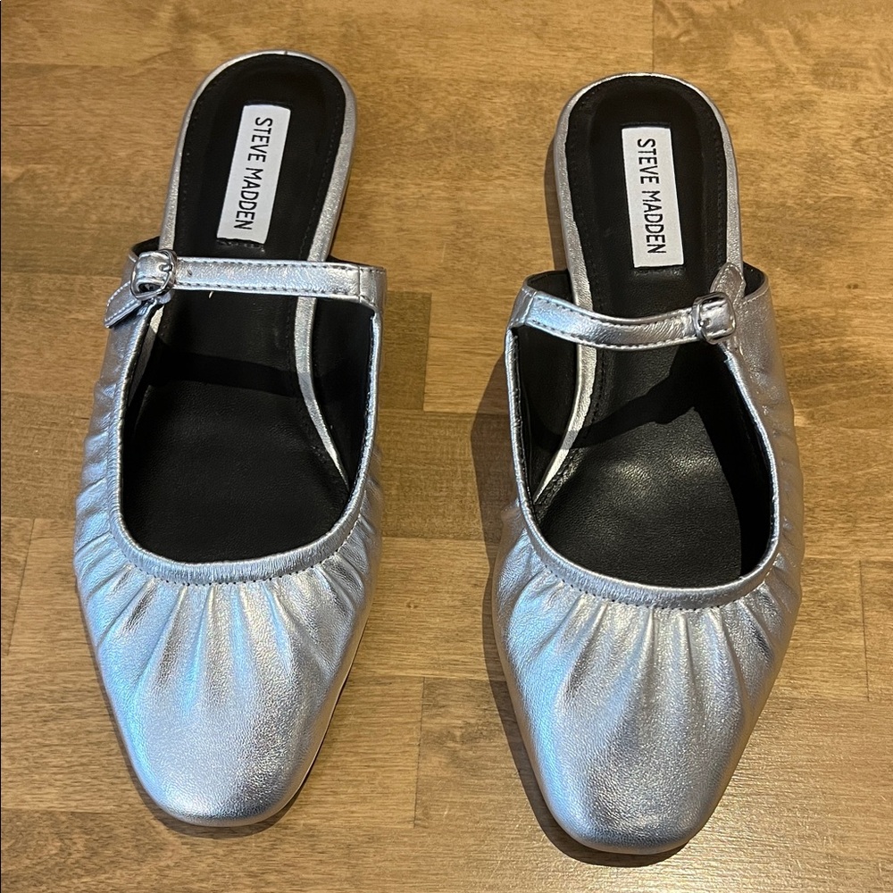 Steve Madden Gisele Metallic Silver Mary Jane Mules Sz 9